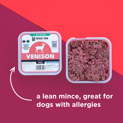 Container of Mersey Raw Venison dog food with packaging on a red background