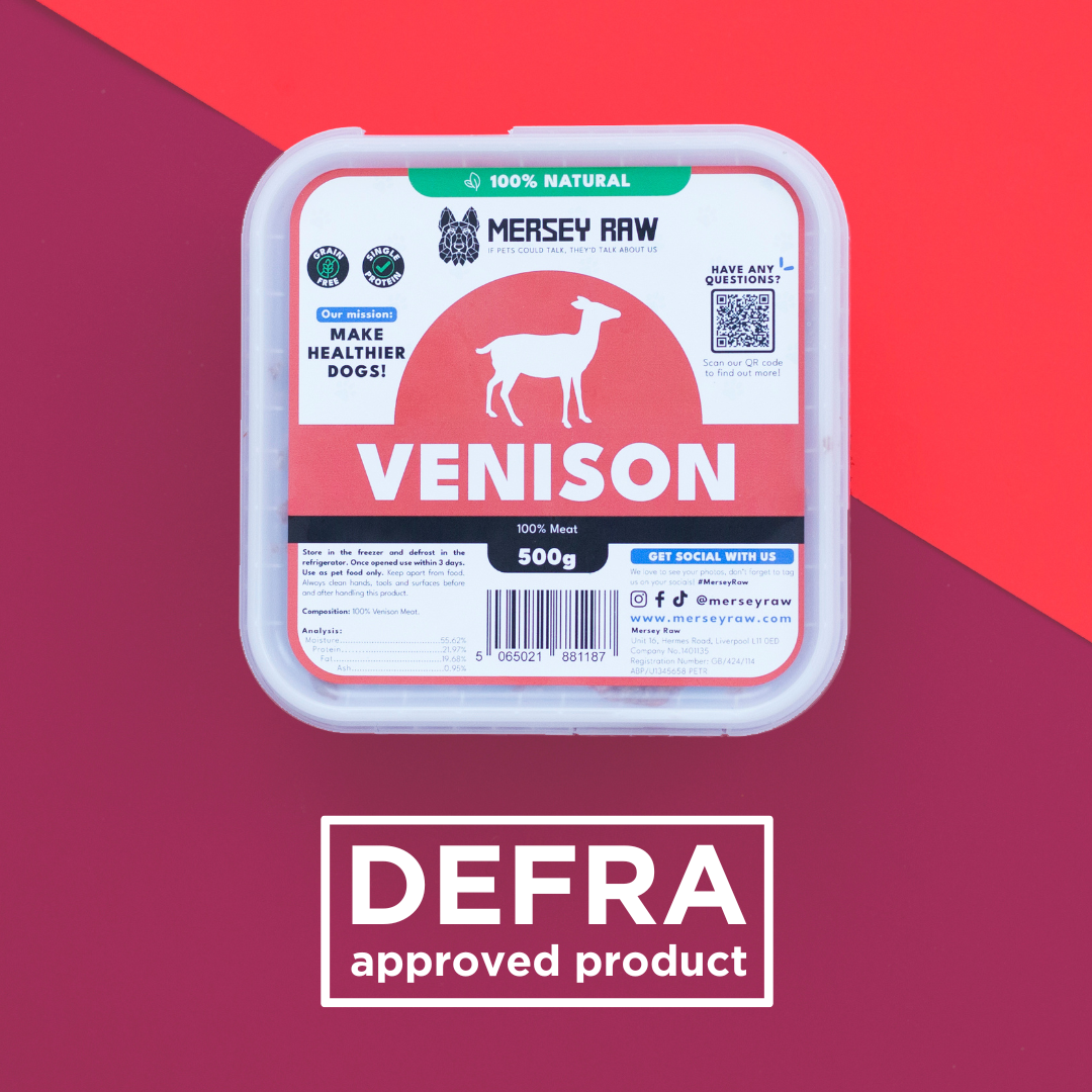 Packaged venison product with Mersey Raw branding on a red and purple gradient background