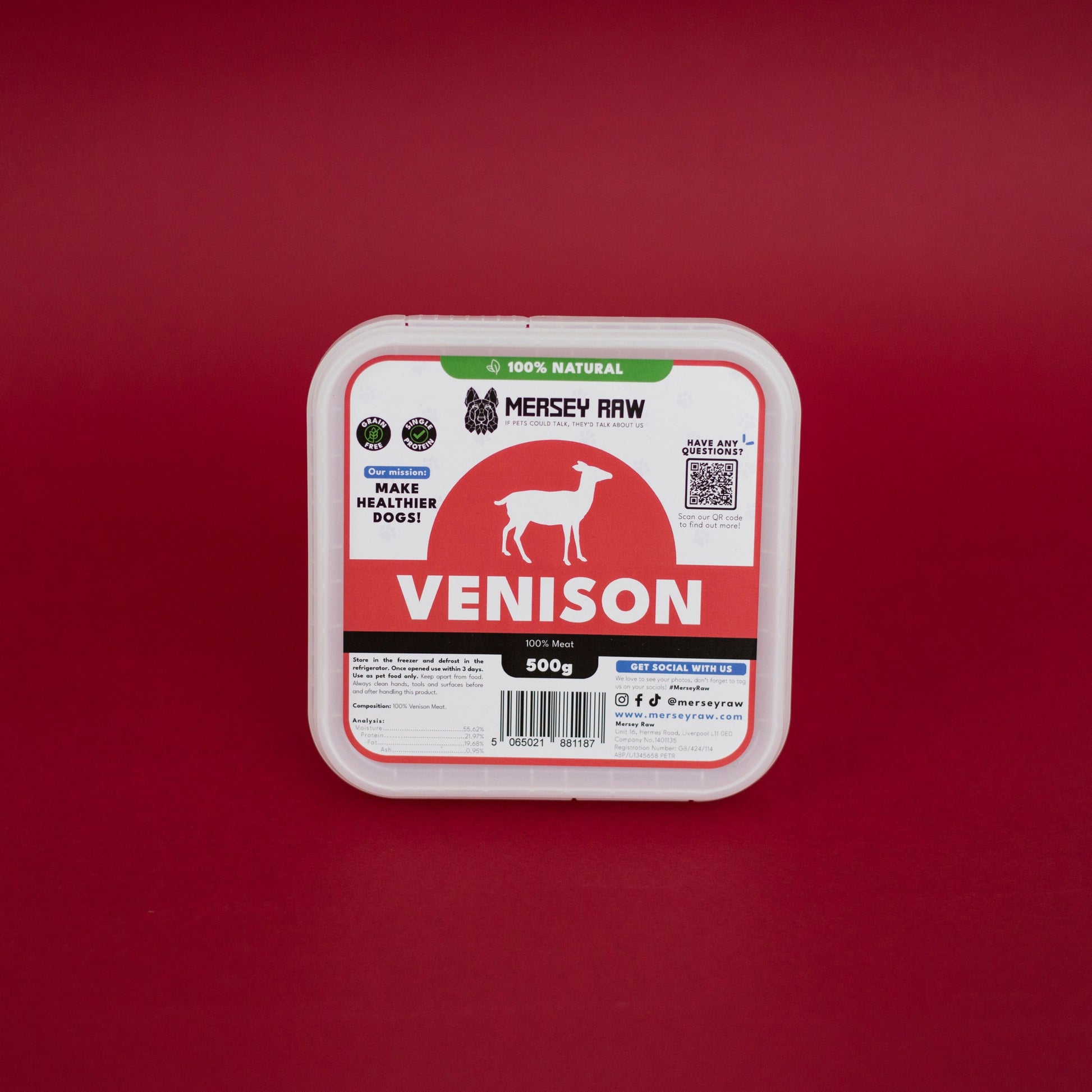 Container of Mersey Raw Venison food for dogs on a red background