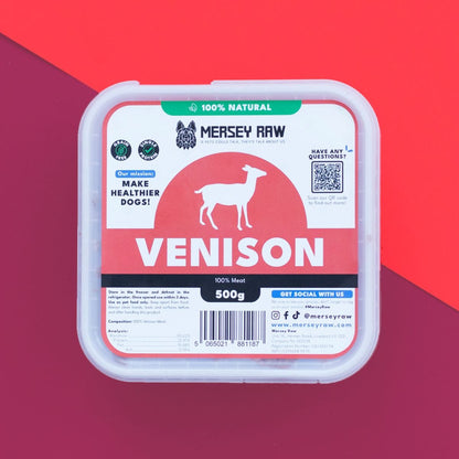 Container of Mersey Raw venison food on a red and purple gradient background