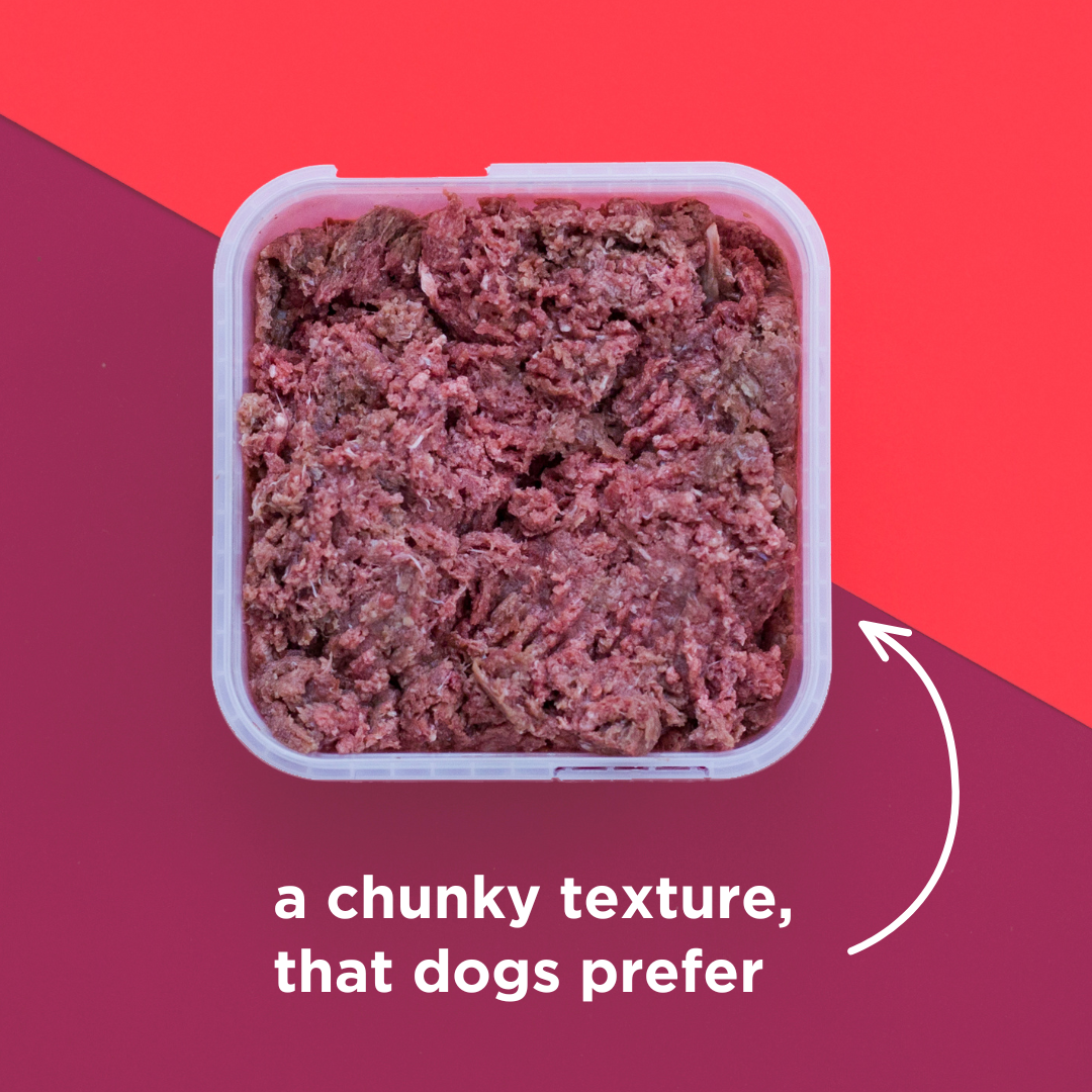 Container of ground meat with text on a red and purple background