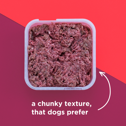 Container of ground meat with text on a red and purple background