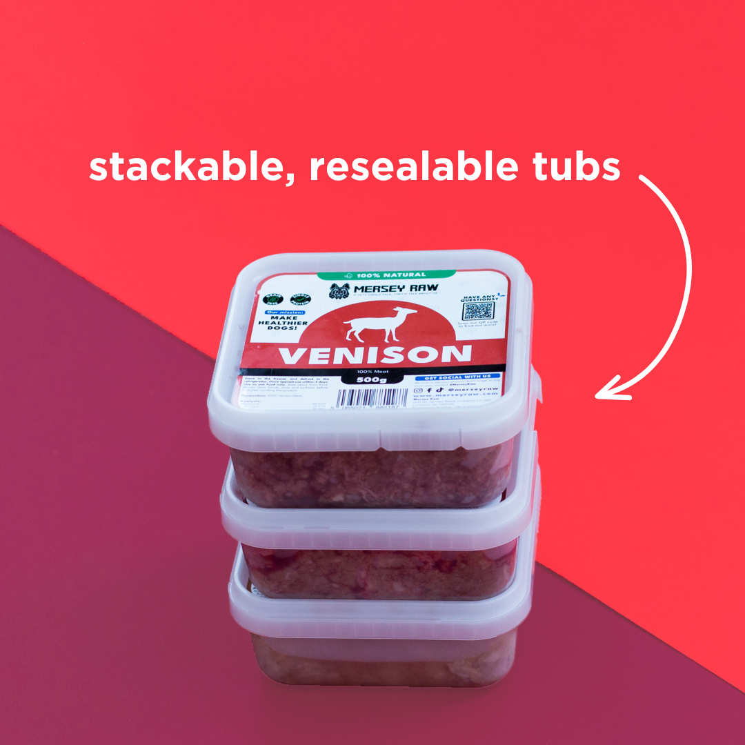 Stackable, resealable tubs of venison product with a red background